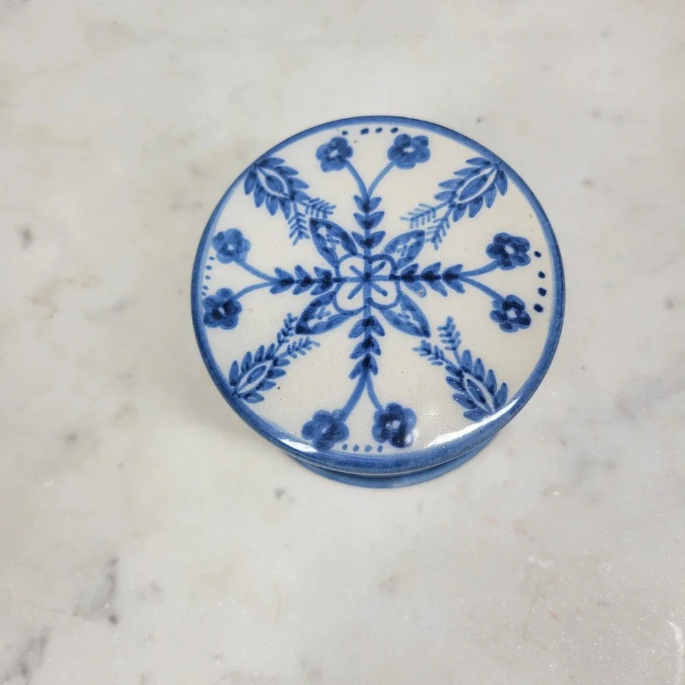 VTG Polish Pottery Ceramic Trinket Box Blue White Hand Vanity Painted Floral Lid